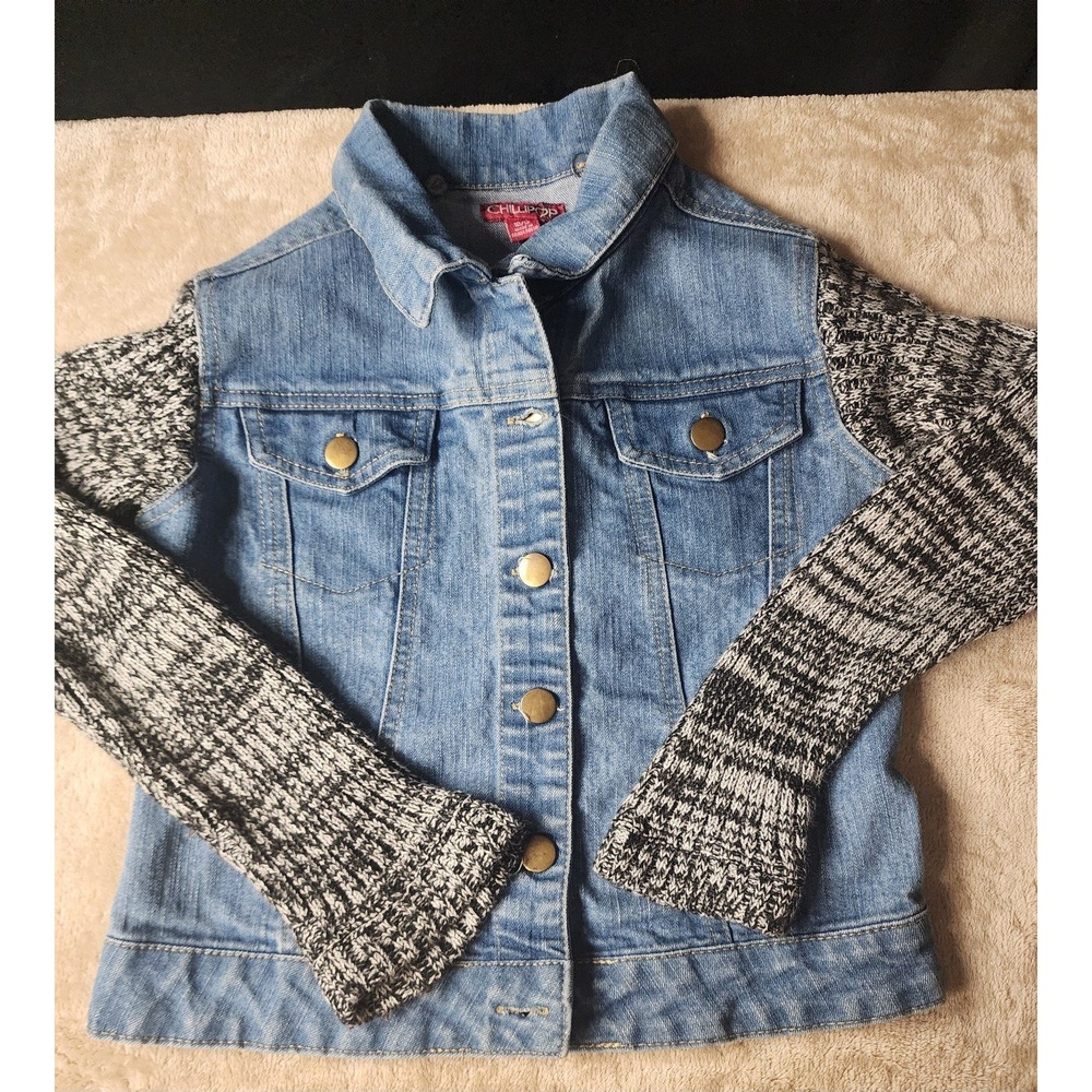 CHILIPOP Girls Jean Jacket With Black Knit Sleeves Size 10/12 EUC C5